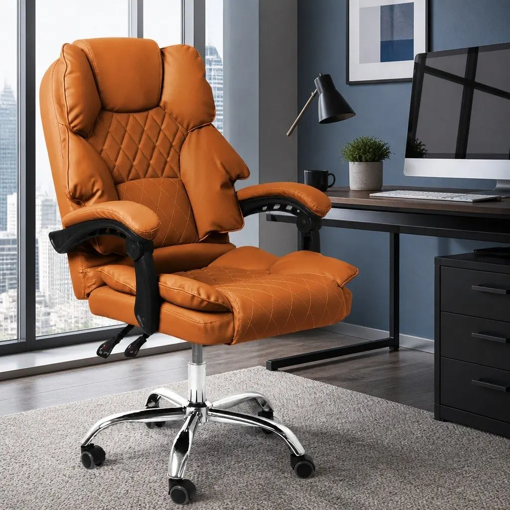 Gaming Chair Office Computer Chair Brown PU Leather Reclining No Footrest