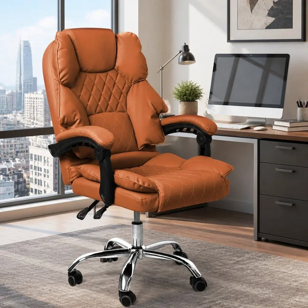 Gaming Chair Office Computer Chair Brown PU Leather Reclining No Footrest