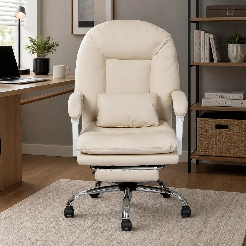 Executive Office Chair High Back Reclining Gaming Work Seat with Footrest Beige
