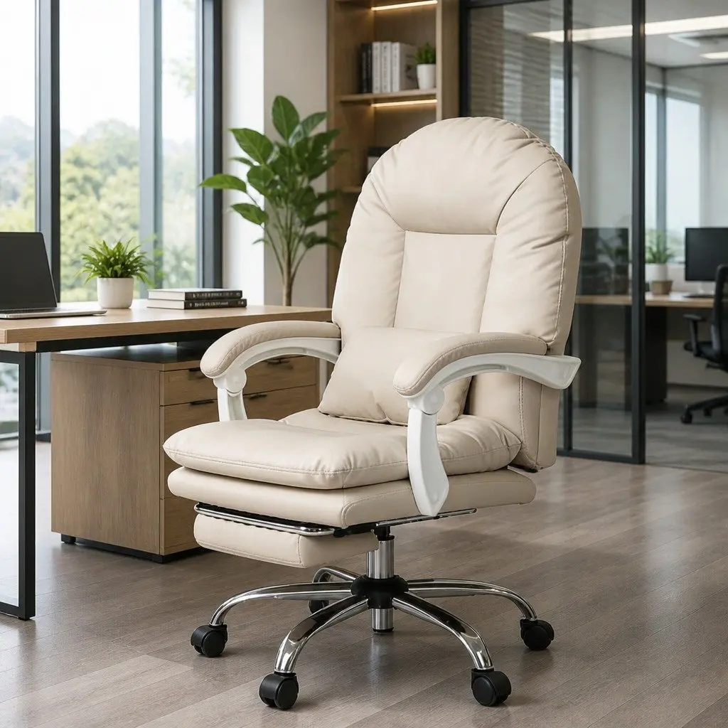 Executive Office Chair High Back Reclining Gaming Work Seat with Footrest Beige
