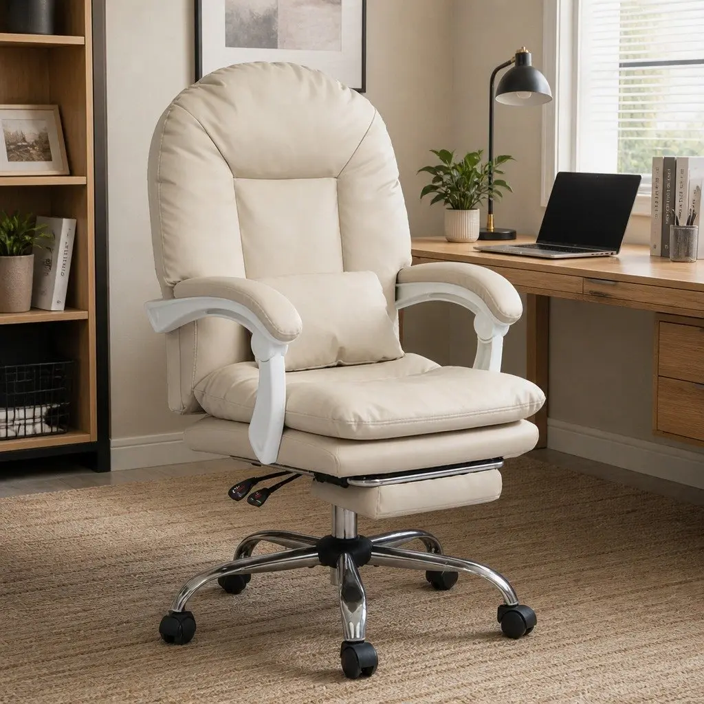 Executive Office Chair High Back Reclining Gaming Work Seat with Footrest Beige