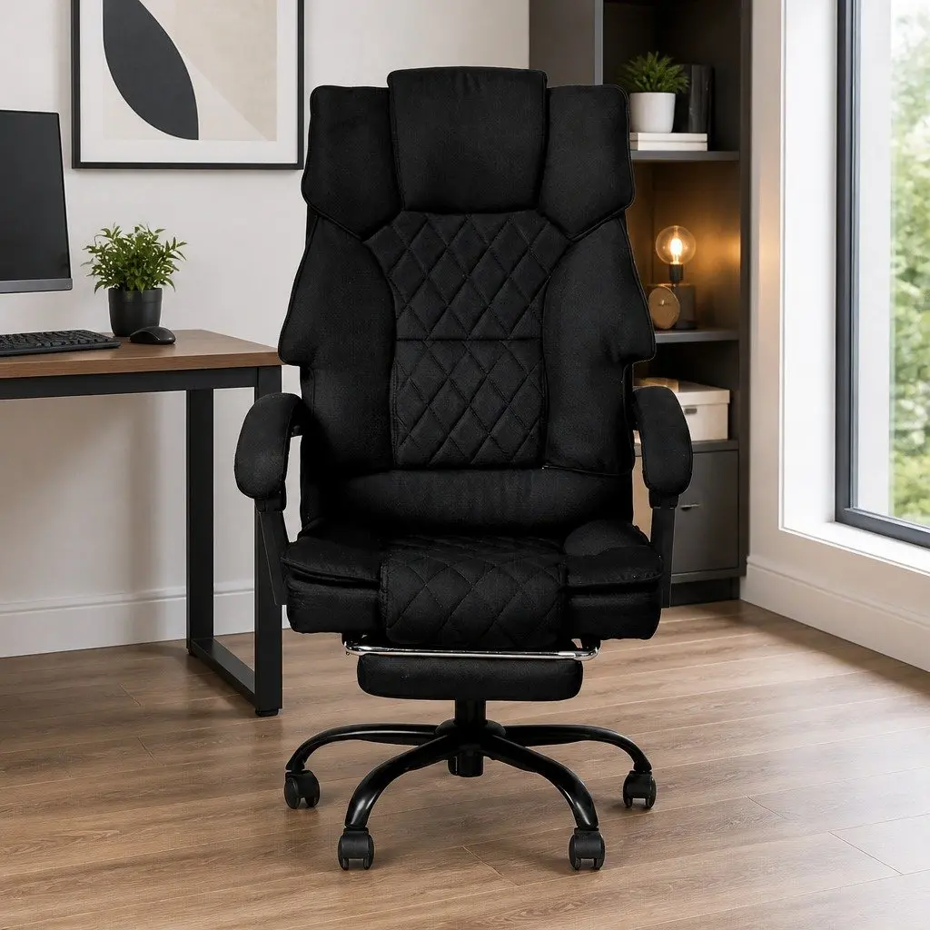 Ergonomic Office Chair Dark Grey Fabric High Back Adjustable Reclining with Footrest 360° Swivel