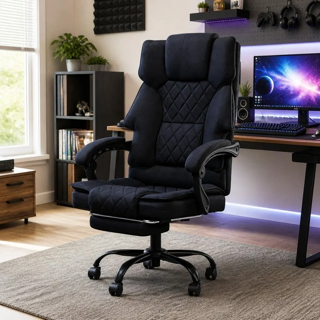 Ergonomic Office Chair Dark Grey Fabric High Back Adjustable Reclining with Footrest 360° Swivel