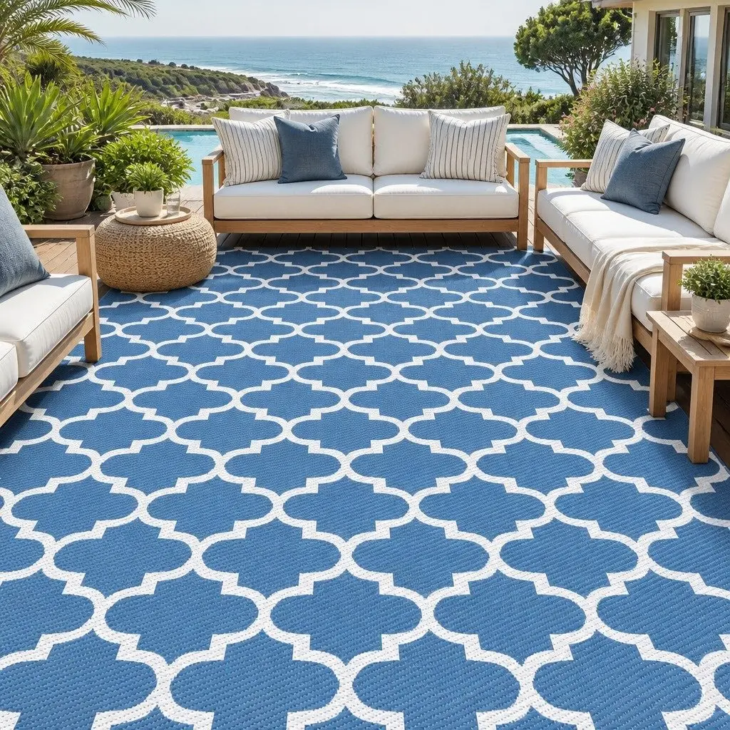 Reversible Outdoor Rug 274x366cm Blue Polypropylene Carpet
