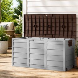 Outdoor Storage Box 290L Lockable Organiser Garden Deck Shed Tool Brown Wheels