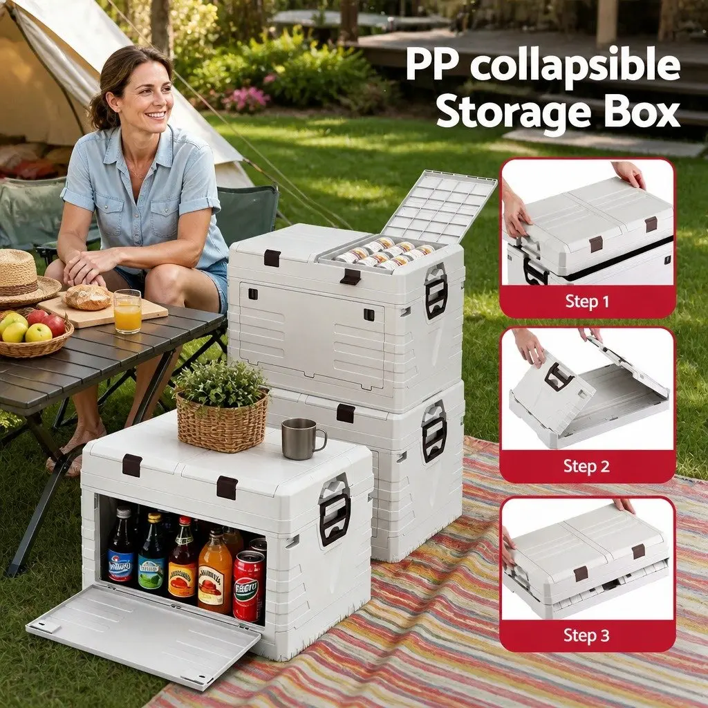 Outdoor Storage Box PP 60L Foldable Collapsible Organizer Beige