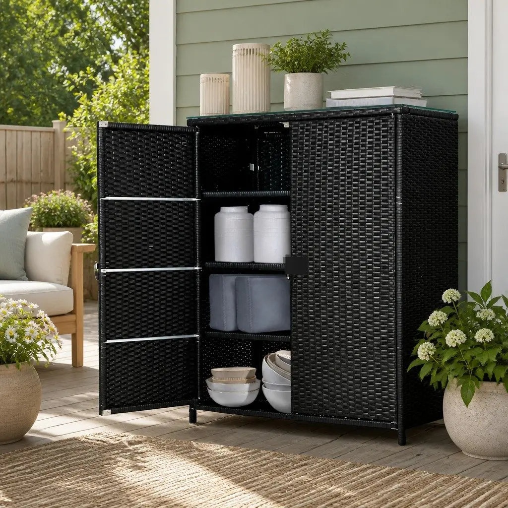 Outdoor Storage Cabinet Wicker Shelf Chest Box Garden Shed Tools Organizer Black