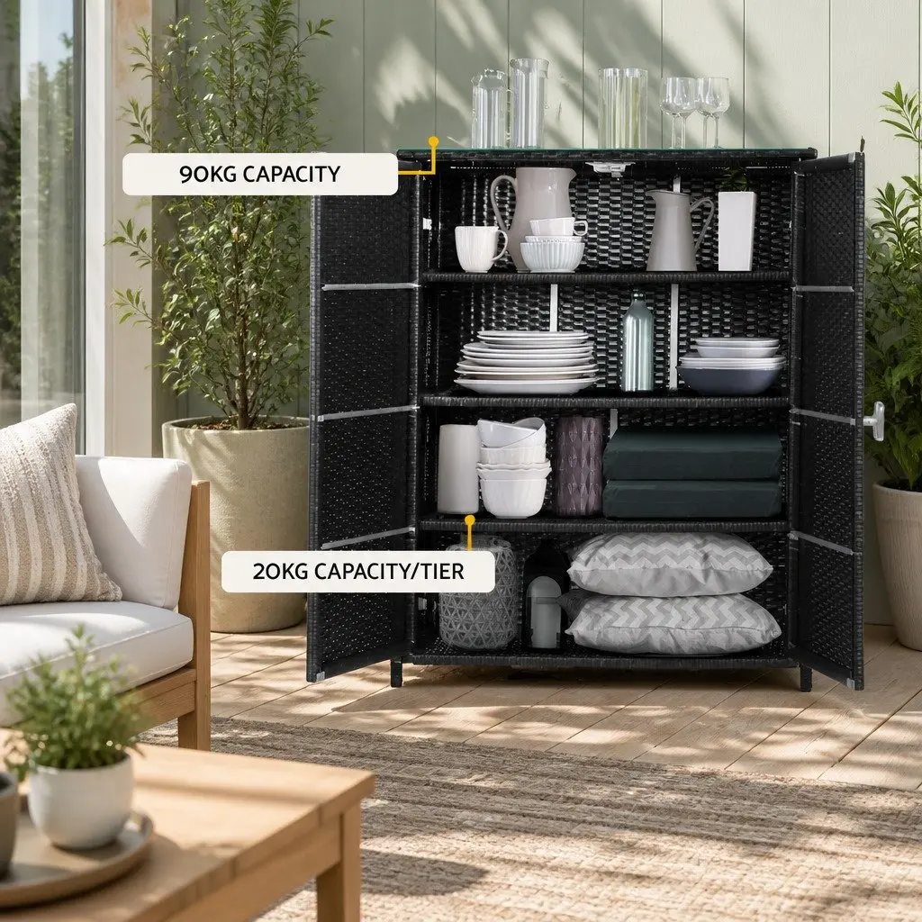 Outdoor Storage Cabinet Wicker Shelf Chest Box Garden Shed Tools Organizer Black