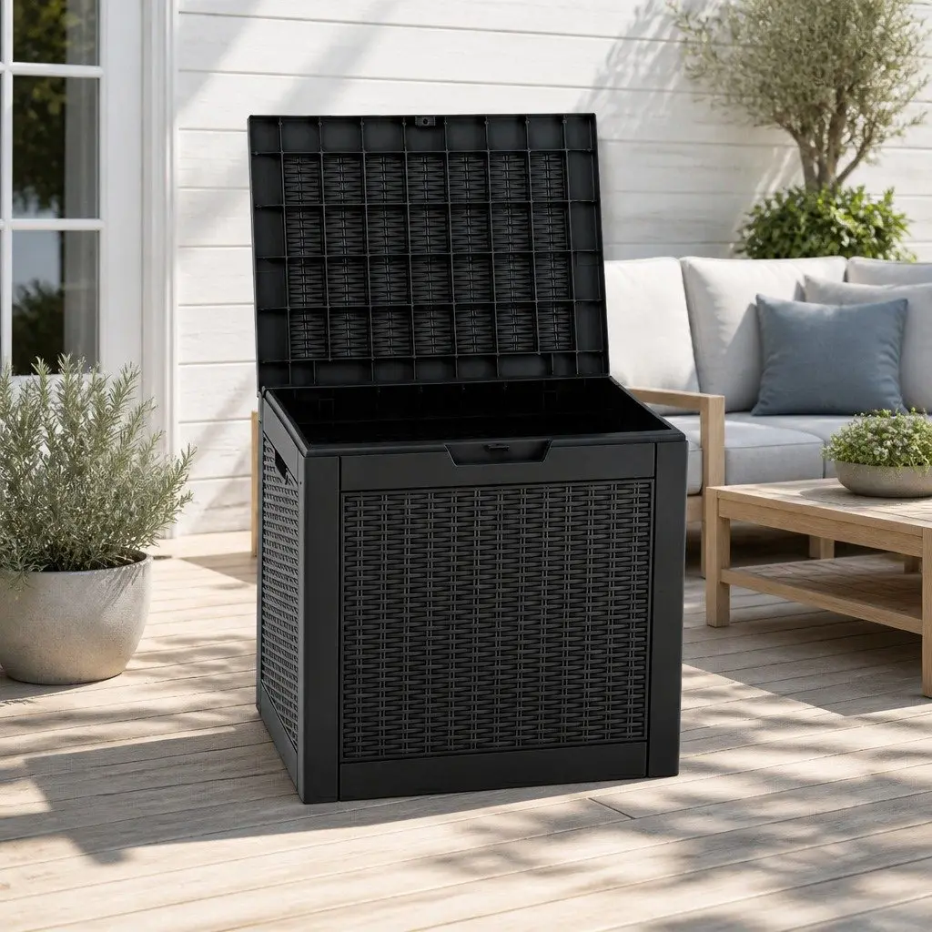 Outdoor Storage Box Polypropylene Resin 118L Black Rattan Texture