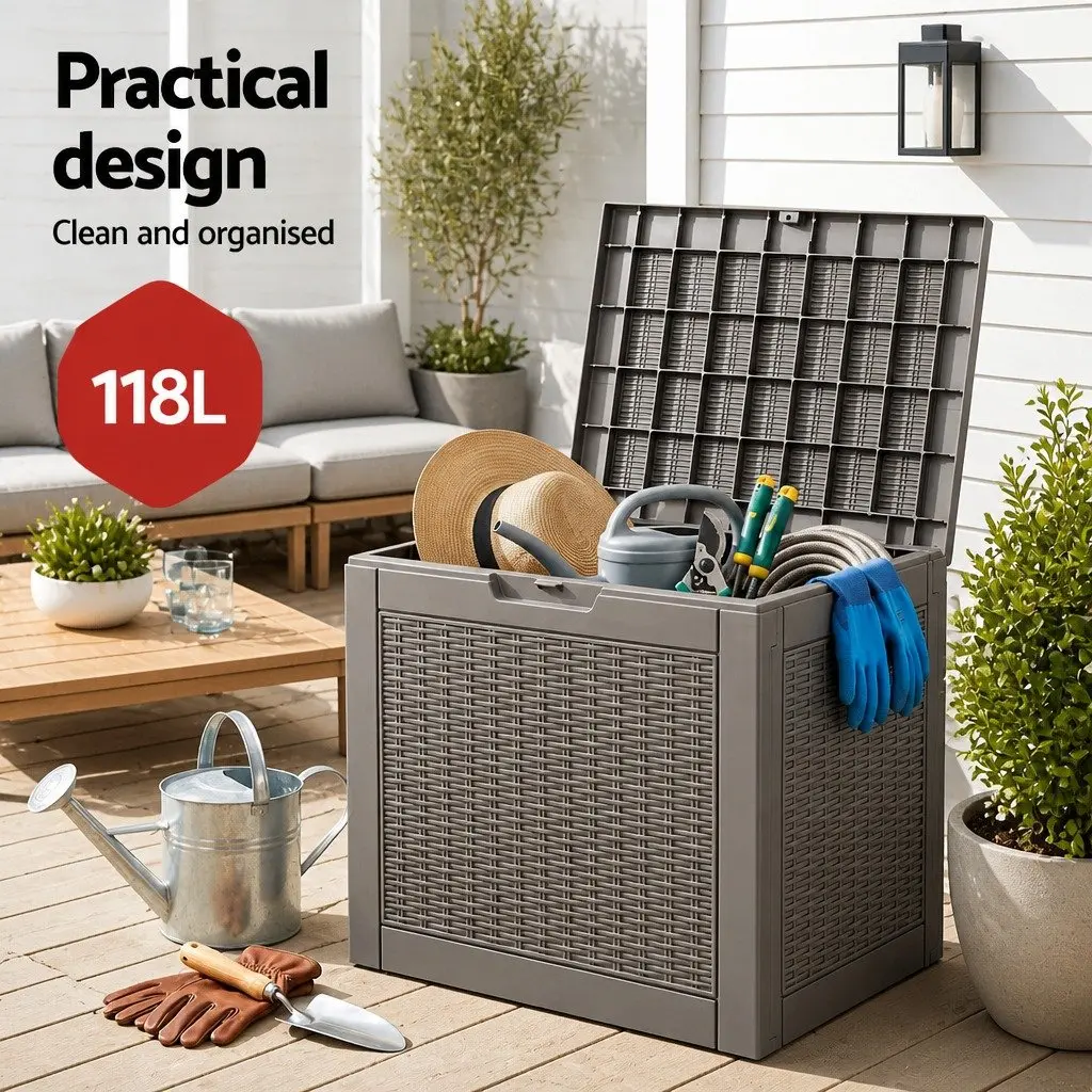 Outdoor Storage Box Polypropylene Resin 118L Brown Rattan Texture
