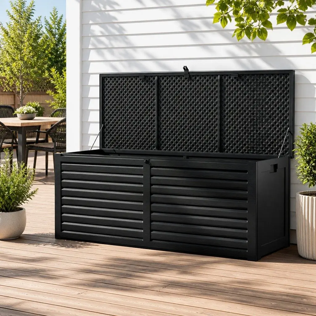 Outdoor Storage Box 390L Lockable Garden Bench Shed Container Tools Toys Black
