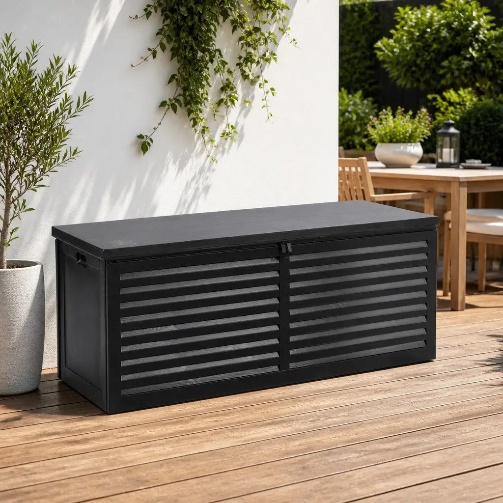 Outdoor Storage Box 390L Lockable Garden Bench Shed Container Tools Toys Black