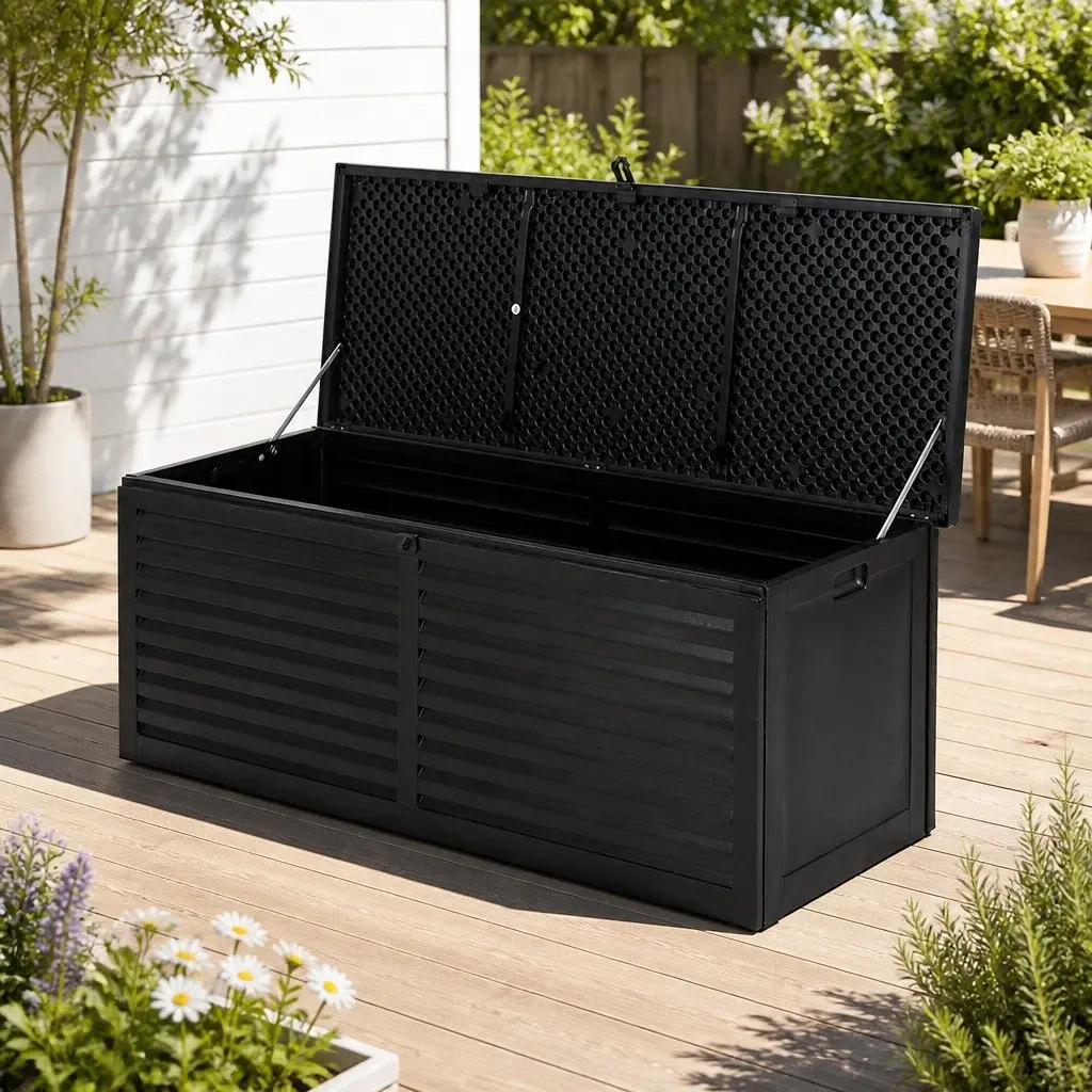 Outdoor Storage Box 390L Lockable Garden Bench Shed Container Tools Toys Black