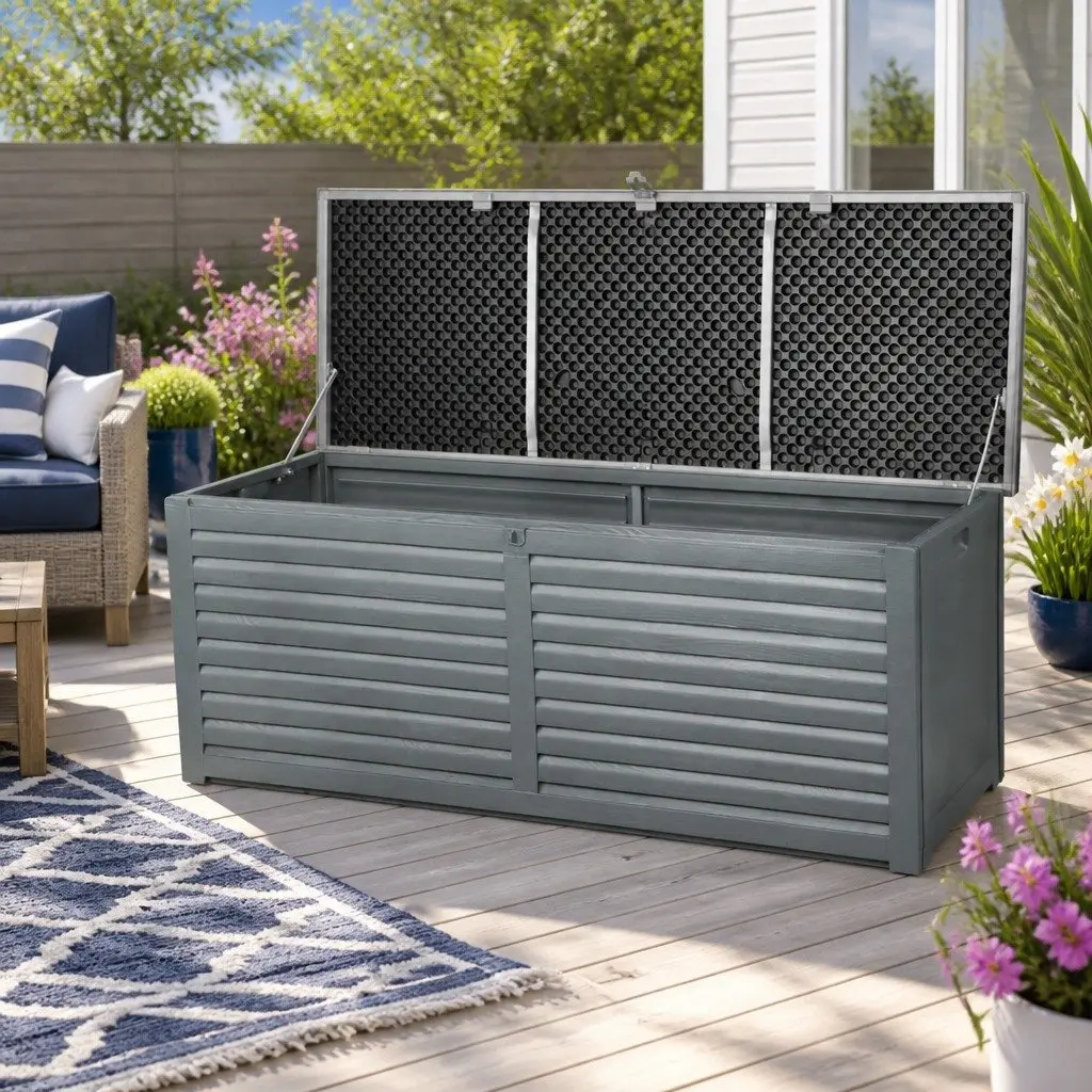 Outdoor Storage Box 390L Lockable Garden Bench Container Tools Shed Grey