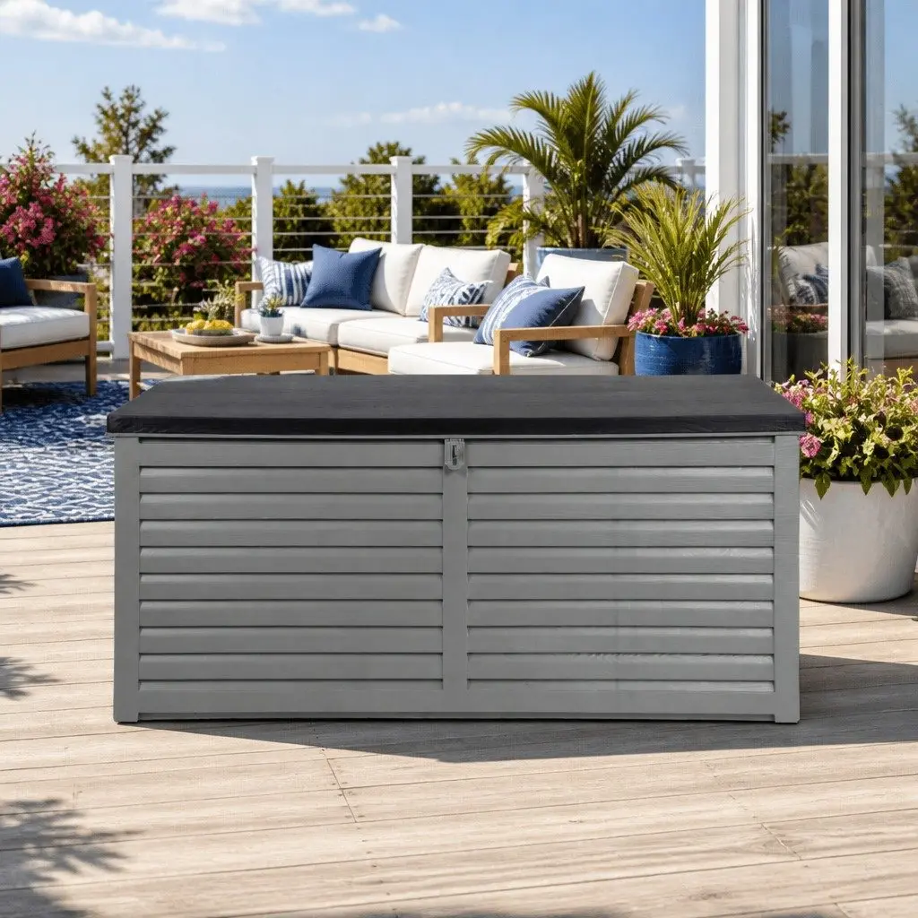 Outdoor Storage Box 390L Lockable Garden Bench Container Tools Shed Grey