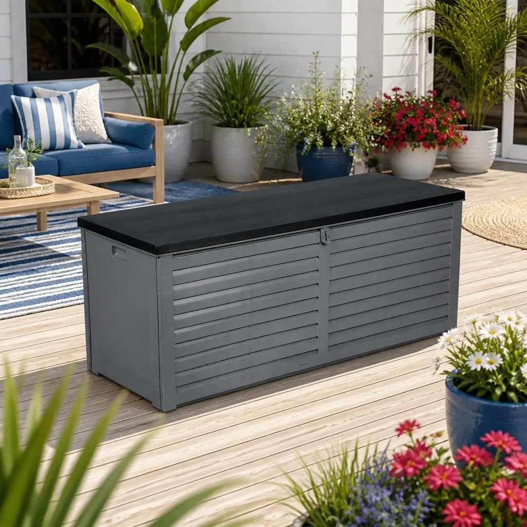 Outdoor Storage Box 390L Lockable Garden Bench Container Tools Shed Grey