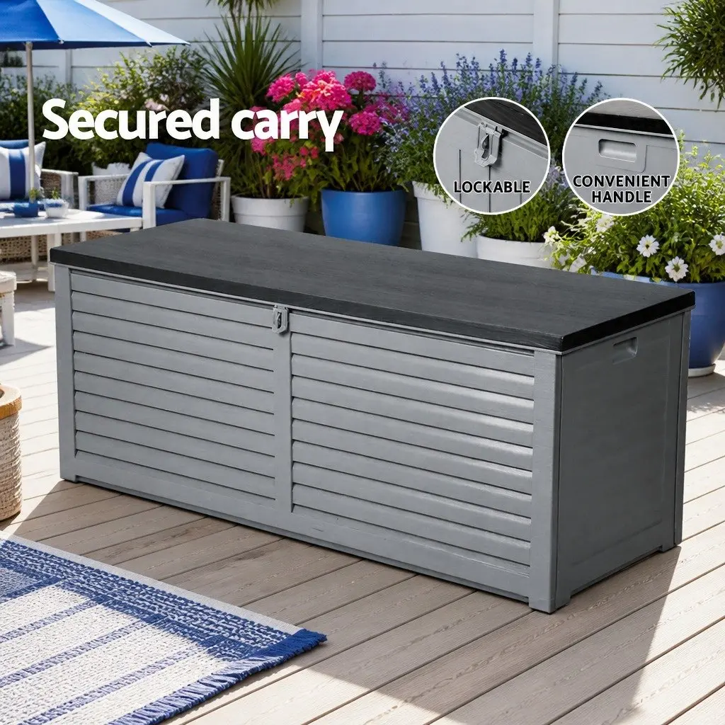 Outdoor Storage Box 390L Lockable Garden Bench Container Tools Shed Grey
