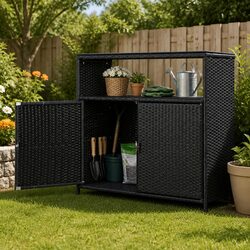 Durable Black Wicker Outdoor Storage Cabinet for Tools