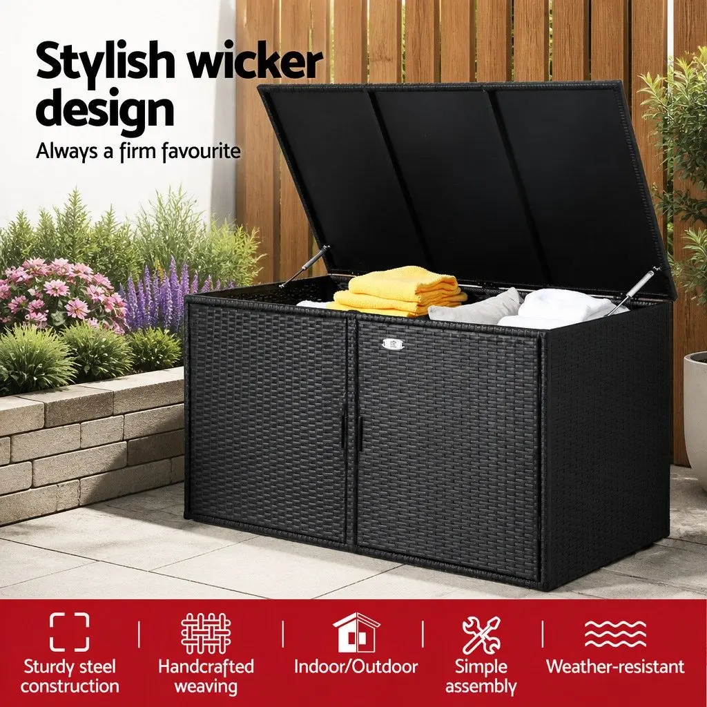 Outdoor Storage Box PE Wicker Steel Frame 110.5cm Black