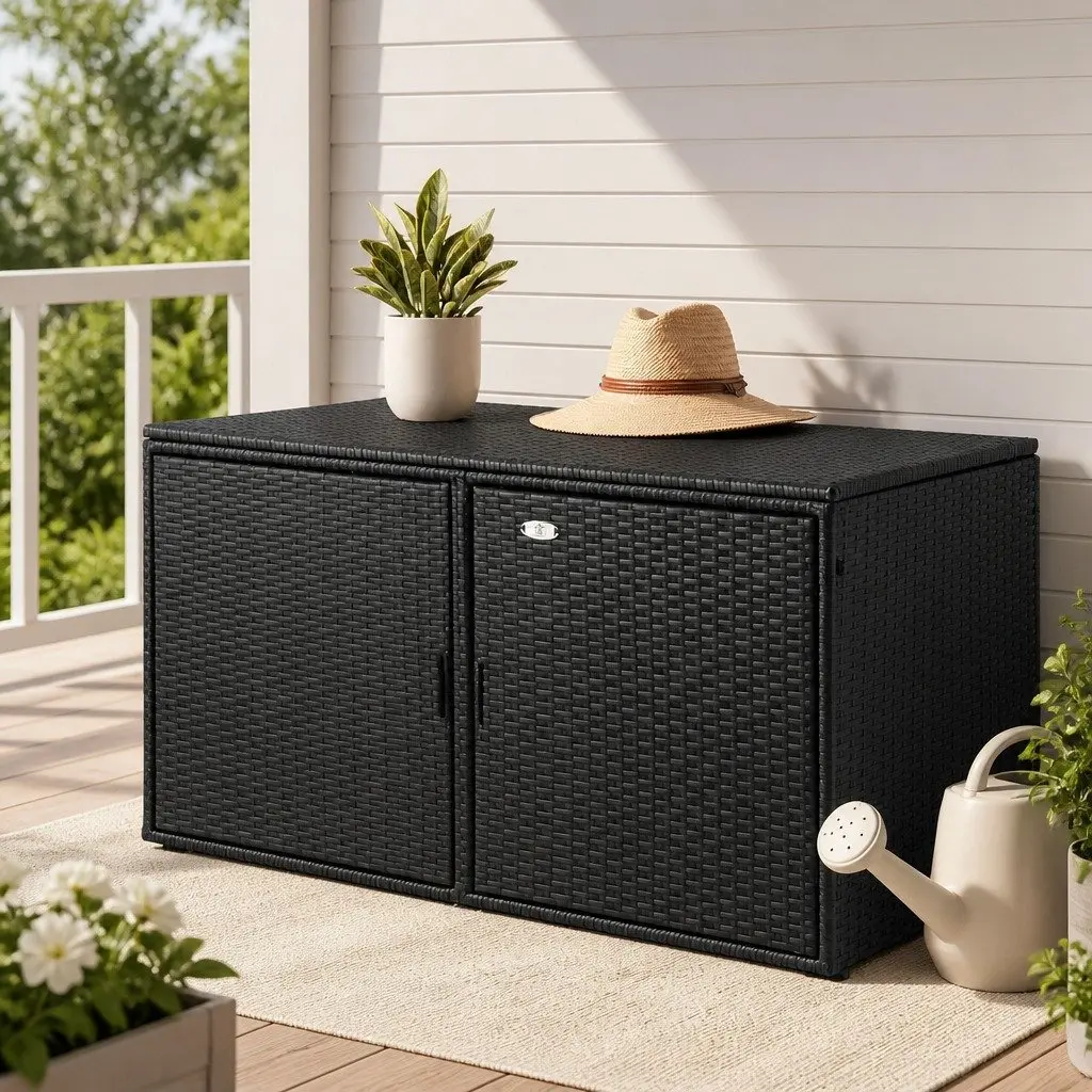 Outdoor Storage Box PE Wicker Steel Frame 110.5cm Black