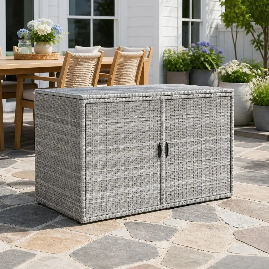 Outdoor Storage Cabinet PE Wicker Steel 110.5cm x 60cm x 63cm Grey