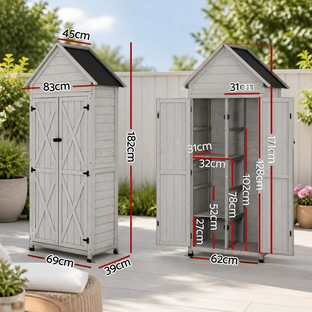 Outdoor Storage Cabinet Wooden Grey 3-Tier Lockable Tool Organizer