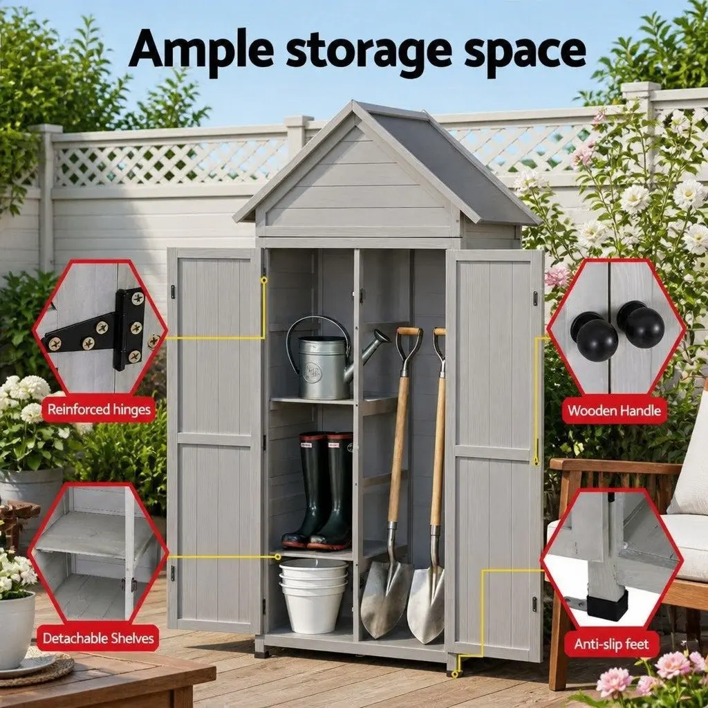 Outdoor Storage Cabinet Wooden Grey 3-Tier Lockable Tool Organizer