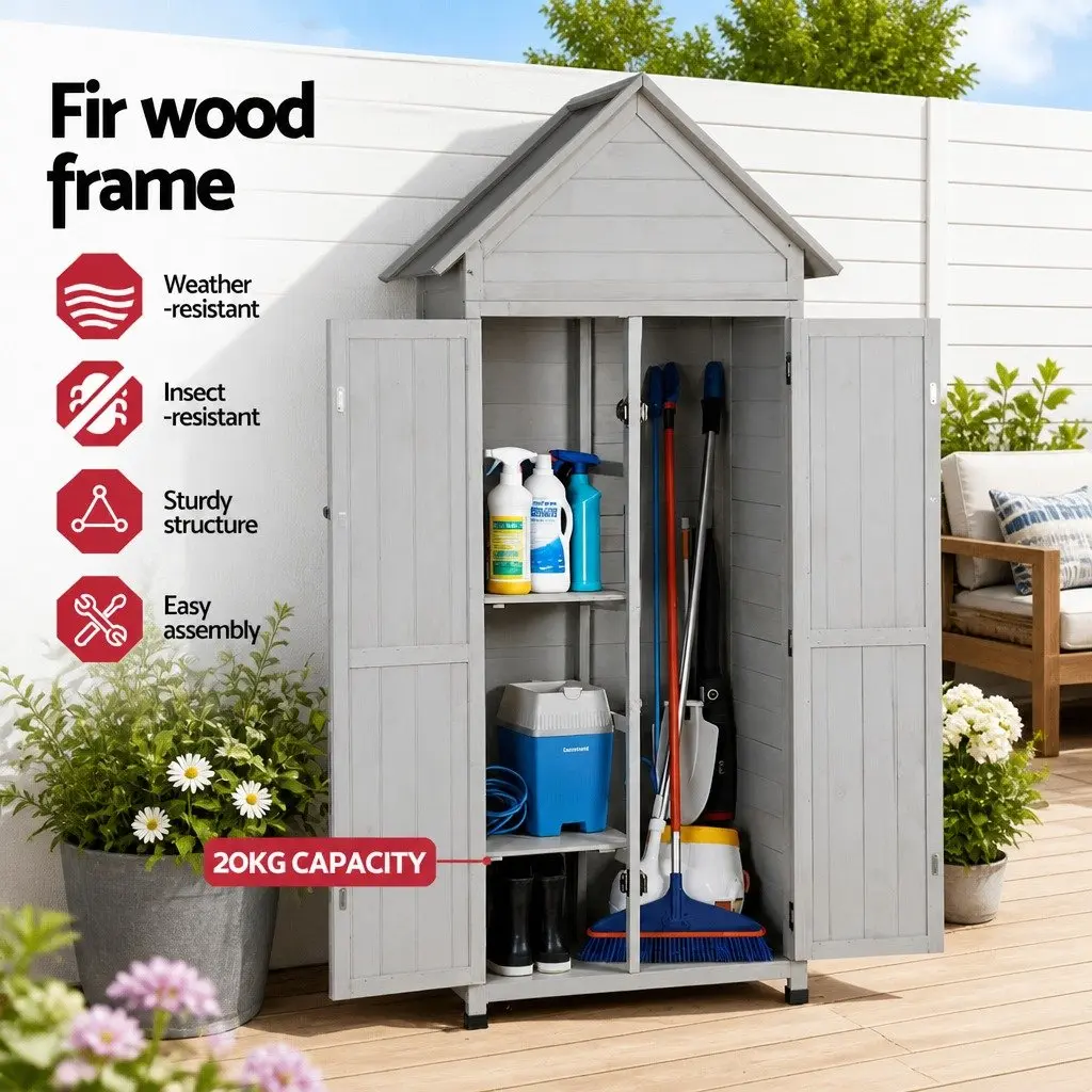 Outdoor Storage Cabinet Wooden Grey 3-Tier Lockable Tool Organizer