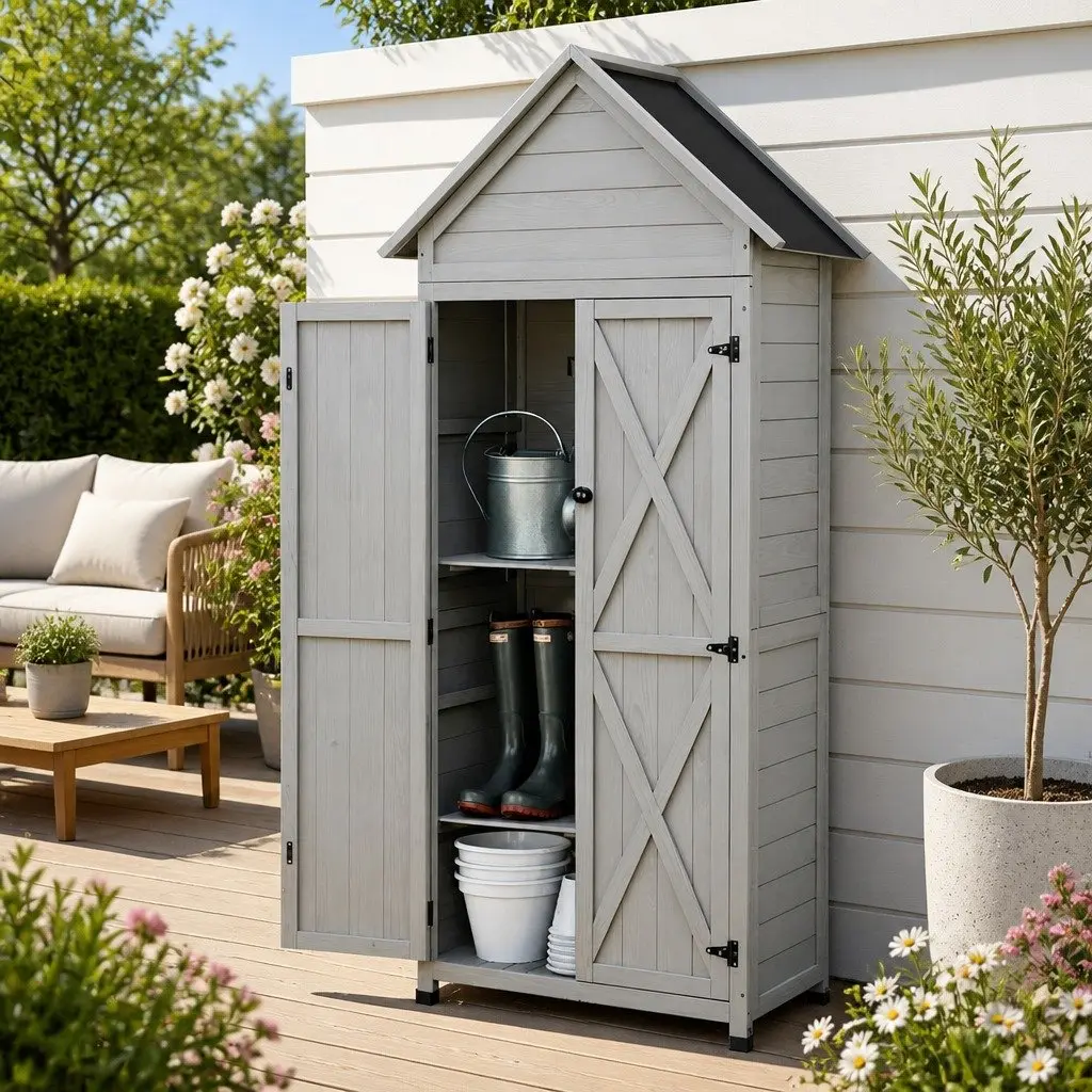 Outdoor Storage Cabinet Wooden Grey 3-Tier Lockable Tool Organizer