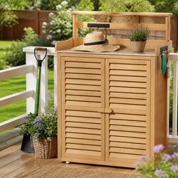 Outdoor Storage Cabinet Potting Bench Garden Shed 2-in-1 Workbench Shelving Unit
