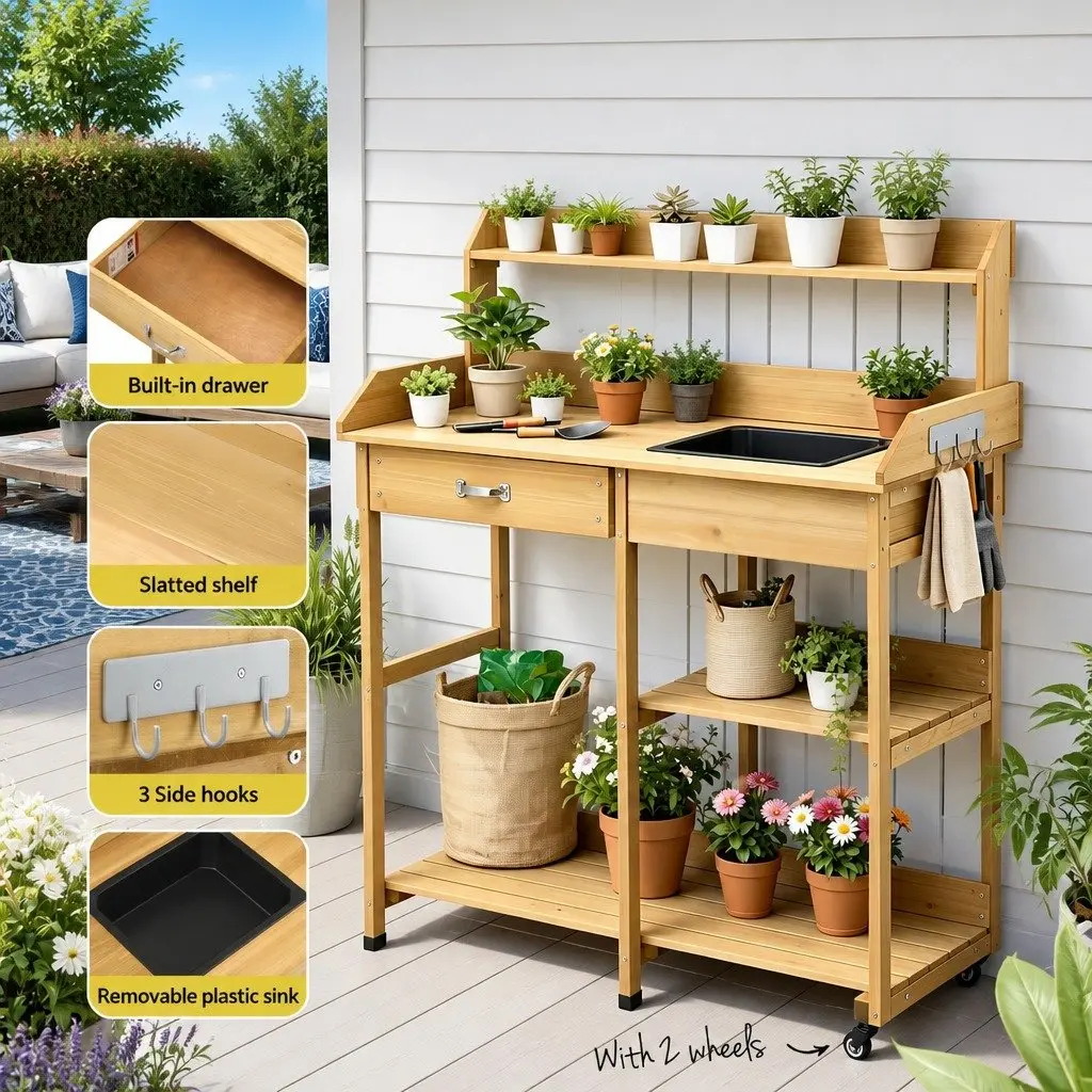 Outdoor Potting Bench Garden Workstation Storage Cabinet with Drawers Wheels