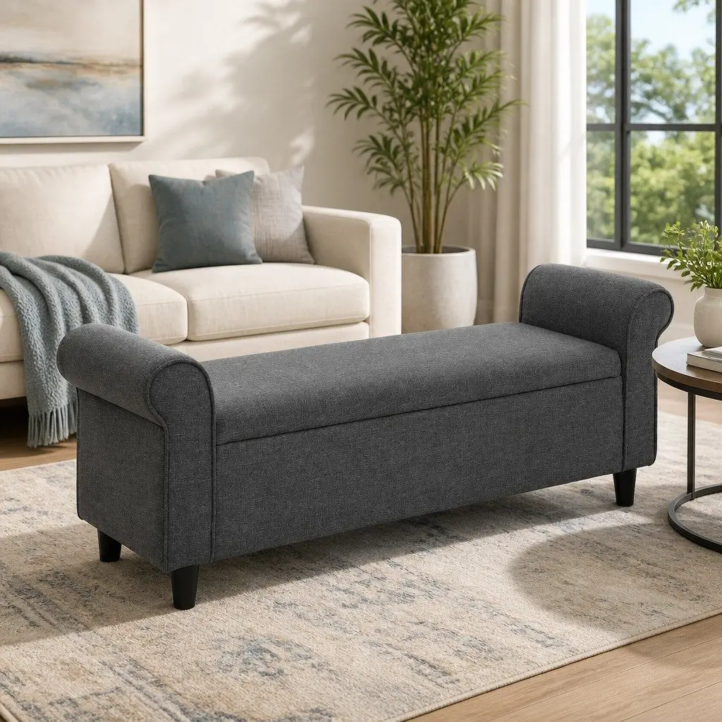 Grey Storage Ottoman with Armrests and Lift-up Lid