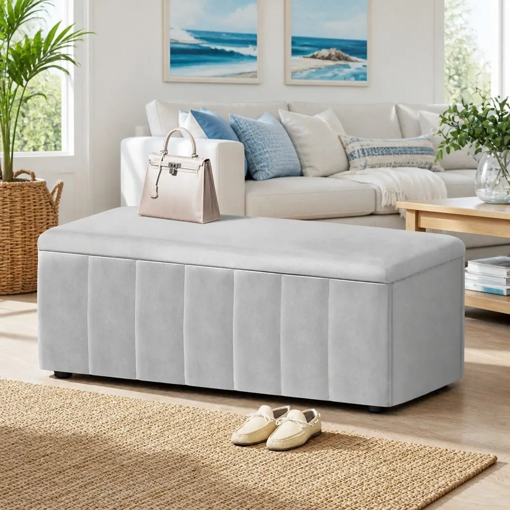 Grey Velvet Storage Ottoman with Durable Build 103cm