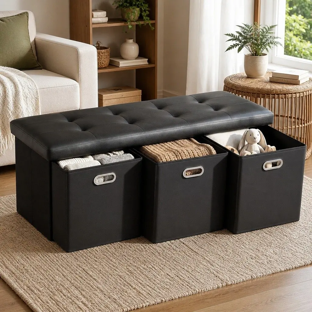 Black Storage Ottoman Footstool with 3 Cube Drawers