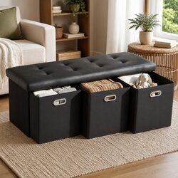 Black Storage Ottoman Footstool with 3 Cube Drawers
