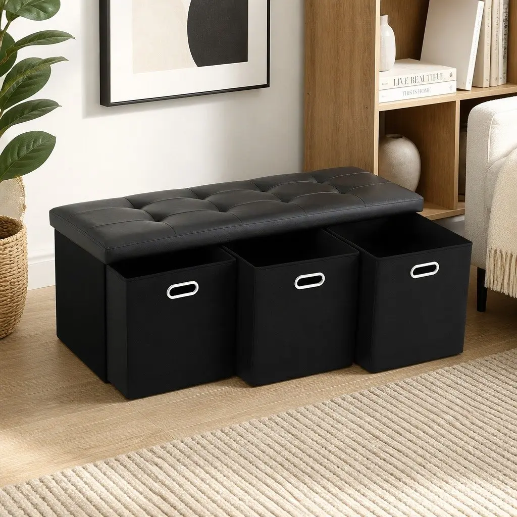 Storage Ottoman Footstool PU Leather Faux Linen Black 3 Cube Drawers Foldable Seat Rest