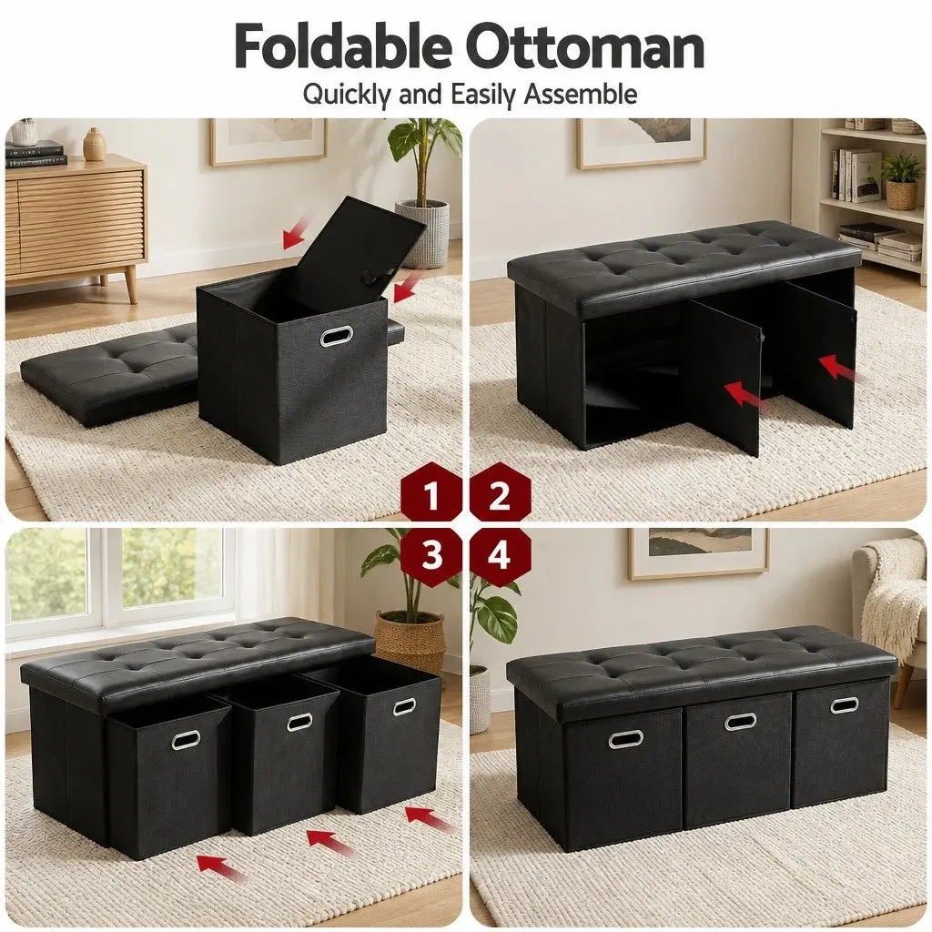 Storage Ottoman Footstool PU Leather Faux Linen Black 3 Cube Drawers Foldable Seat Rest