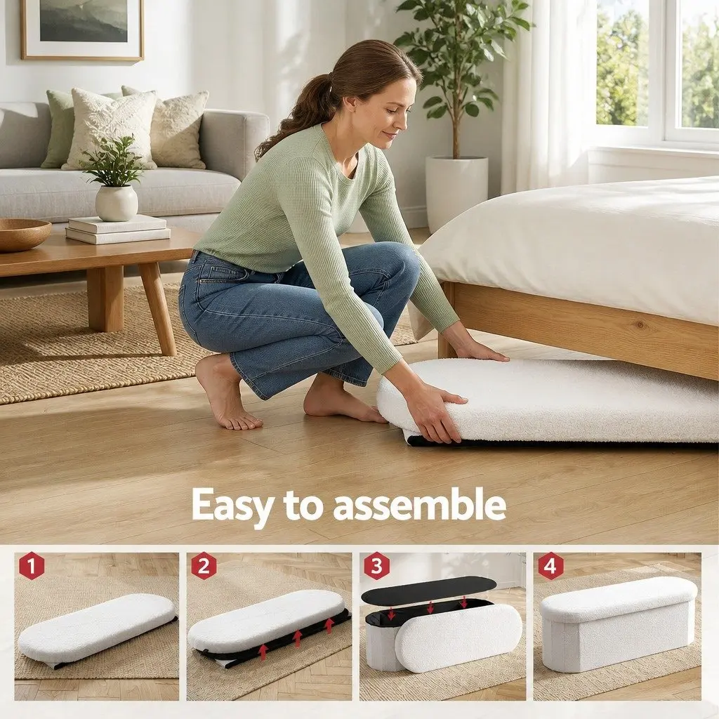 Storage Ottoman Foot Stool Boucle Fabric White 111cm x 40cm x 38cm