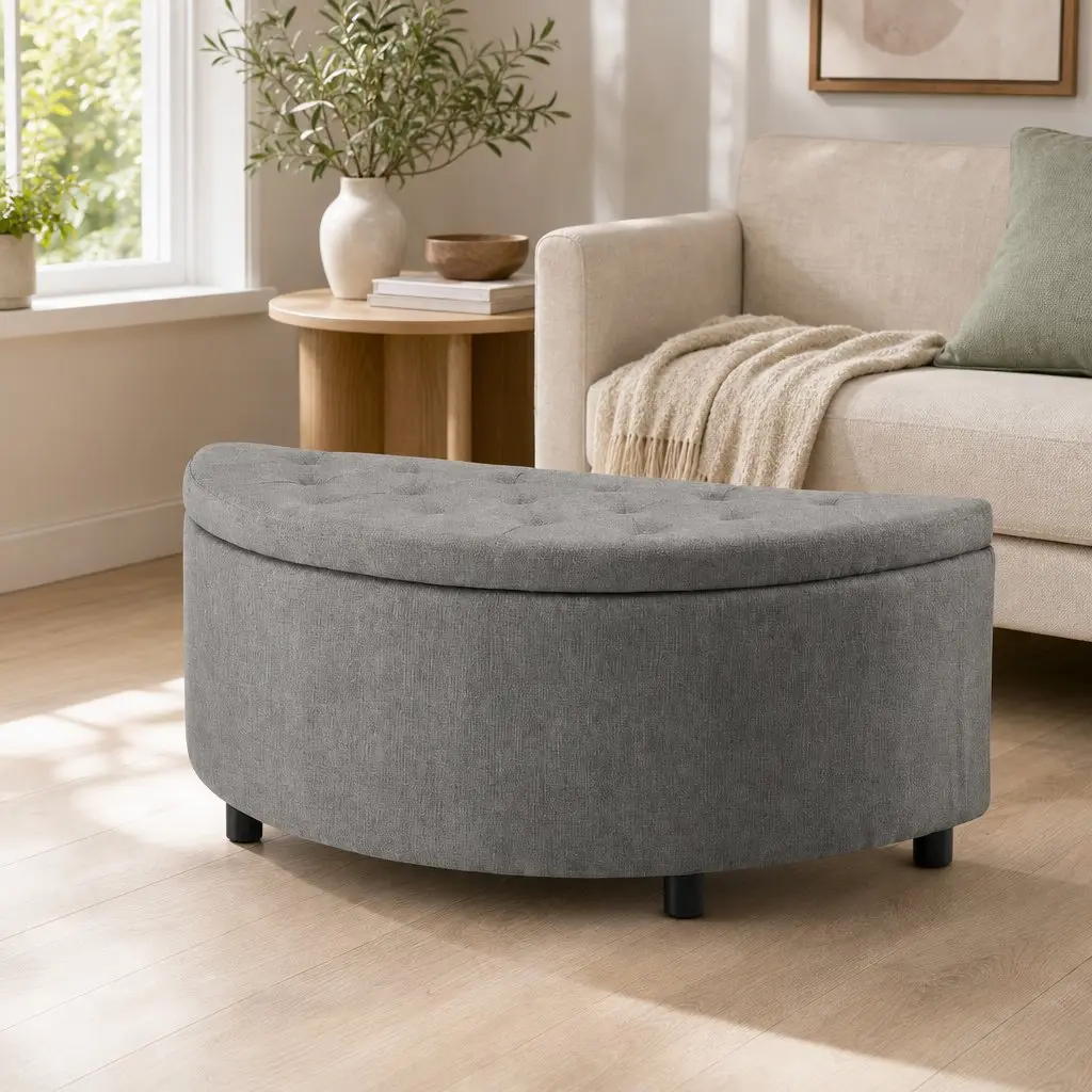Storage Ottoman Bench Upholstered Linen Foam Half Round Grey