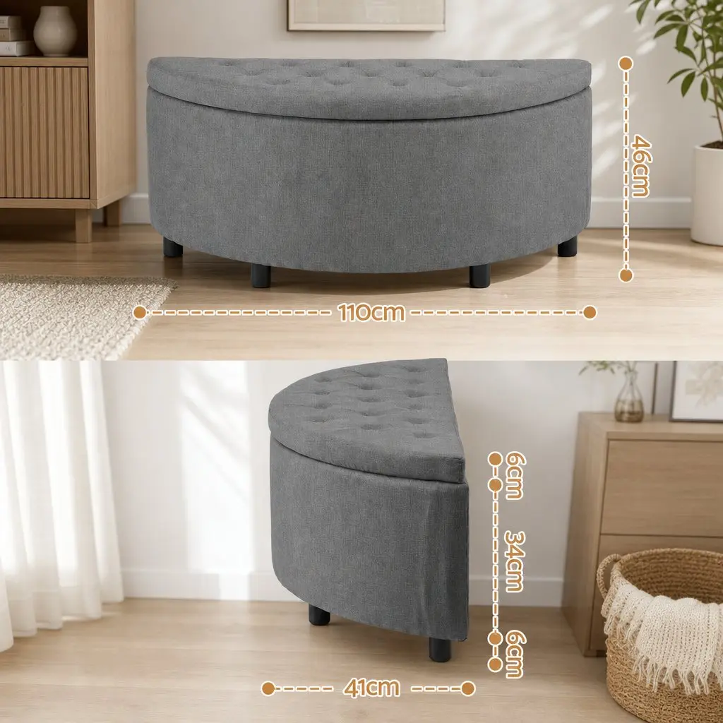 Storage Ottoman Bench Upholstered Linen Foam Half Round Grey