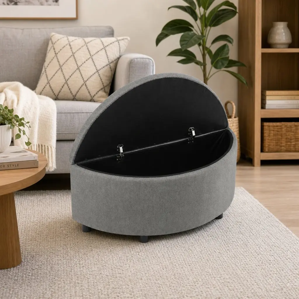 Storage Ottoman Bench Upholstered Linen Foam Half Round Grey