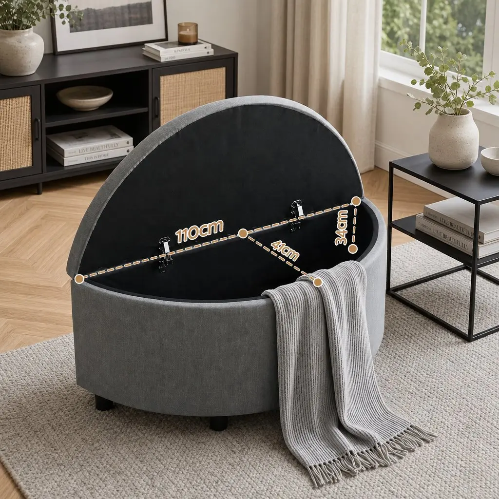 Storage Ottoman Bench Upholstered Linen Foam Half Round Grey