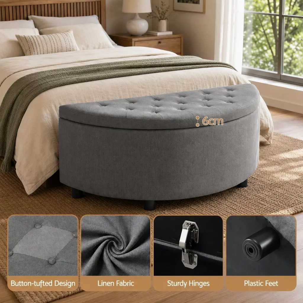 Storage Ottoman Bench Upholstered Linen Foam Half Round Grey