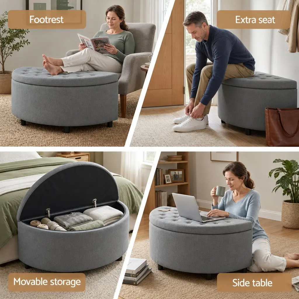 Storage Ottoman Bench Upholstered Linen Foam Half Round Grey