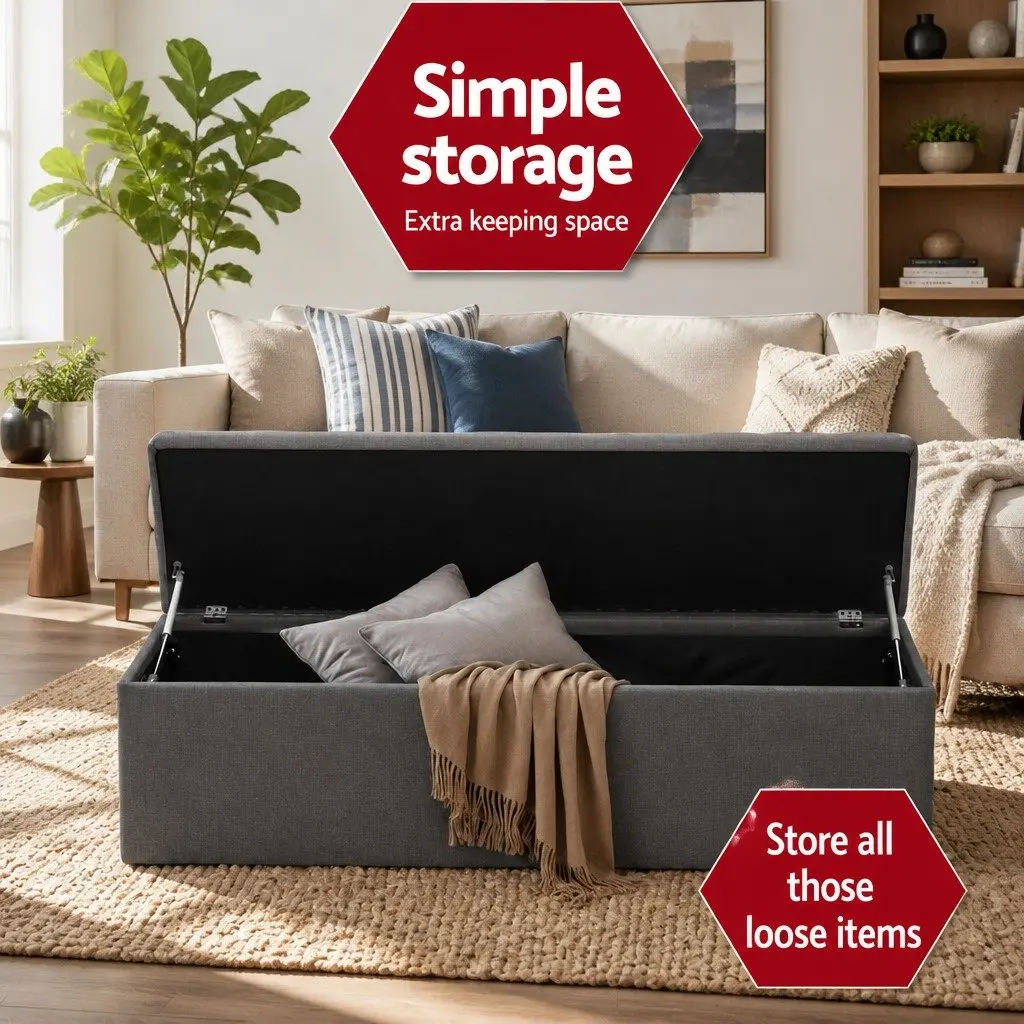 Storage Ottoman Faux Linen 140cm Dark Grey