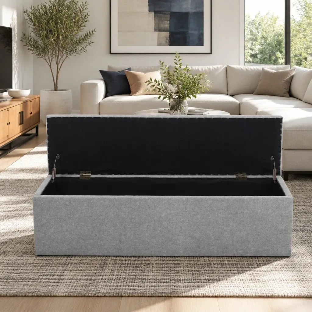 Grey Linen 140cm Storage Ottoman with Lift-Up Lid