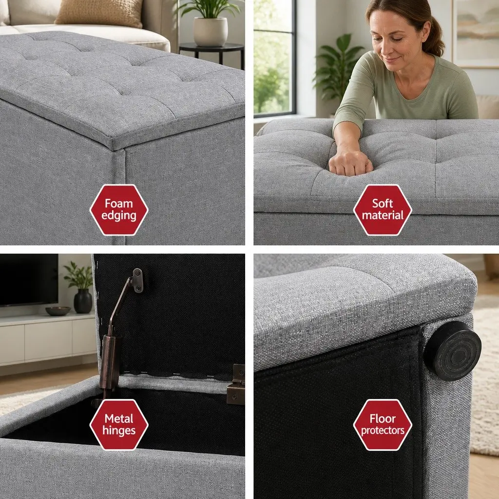 Grey Linen 140cm Storage Ottoman with Lift-Up Lid
