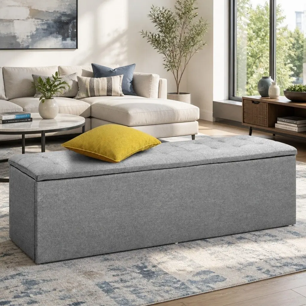 Grey Linen 140cm Storage Ottoman with Lift-Up Lid