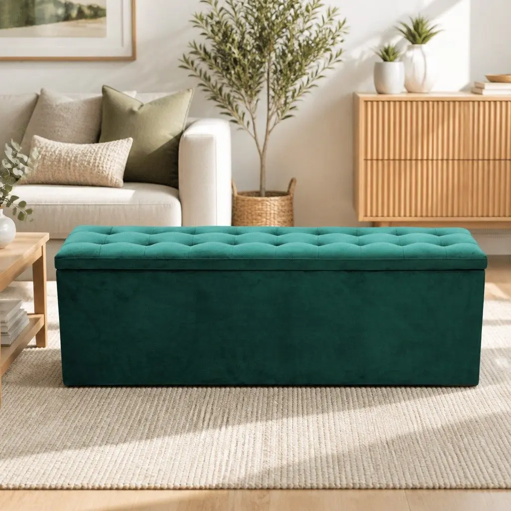 Green Velvet 140cm Storage Ottoman with Lift-Up Lid