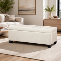 Beige Storage Ottoman with Lift-Up Lid - 97cm